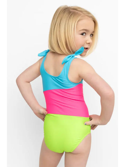 Bright Summer Stripe Bowtie Straps Kids One Piece