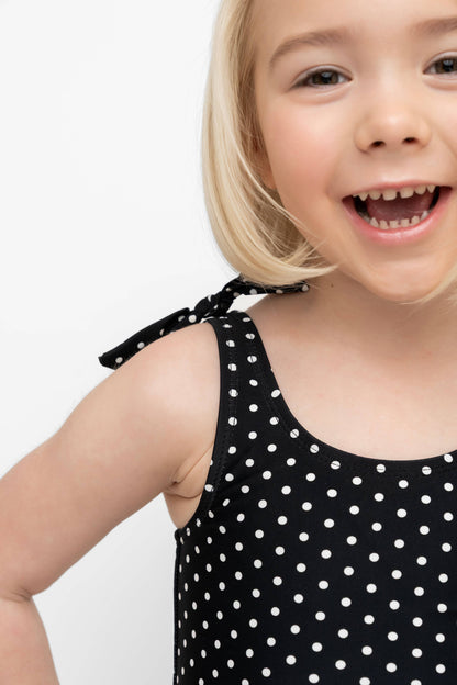 Black & White Polka Dot Bowtie Straps Kids One Piece